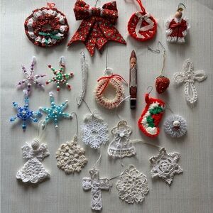 Christmas ornaments handmade sequins beads cross-stitch snowflake tree lace